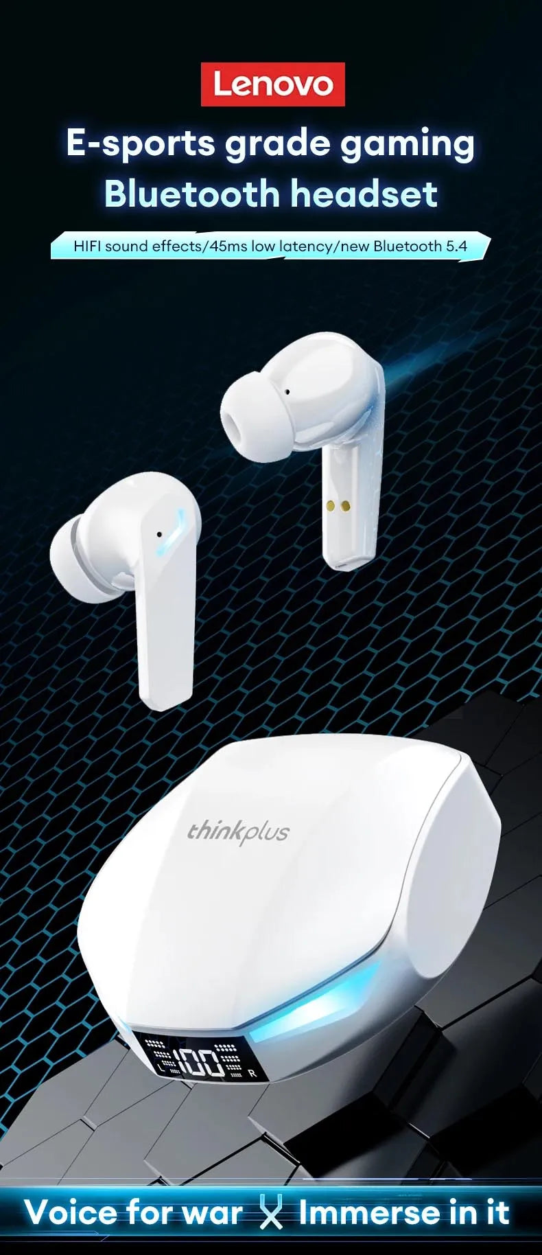 Lenovo XT53 TWS Bluetooth 5.4 Earphones HIFI Surround Sports Gaming Headset LED Power Display With In-Ear Design Headphones New