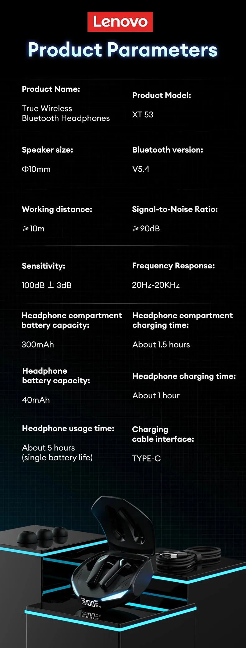 Lenovo XT53 TWS Bluetooth 5.4 Earphones HIFI Surround Sports Gaming Headset LED Power Display With In-Ear Design Headphones New